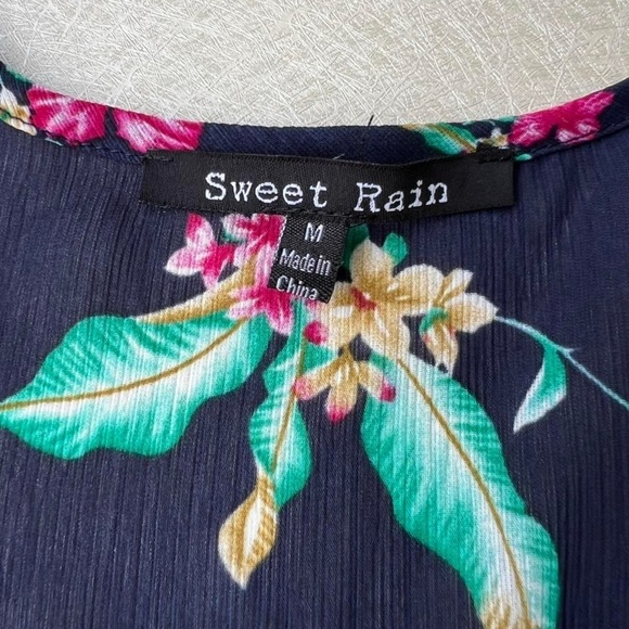 Sweet Rain Navy blue floral kimono with fringe trim Women Size medium - Picture 5 of 5